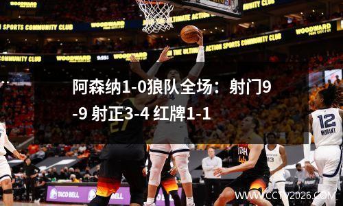 阿森纳1-0狼队全场：射门9-9 射正3-4 红牌1-1