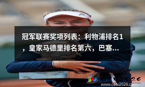 冠军联赛奖项列表：利物浦排名1，皇家马德里排名第六，巴塞罗那排名第8，有7支球队超过6000万